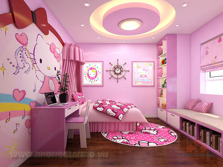 Thiết kế nội thất phòng ngủ mầu hồng cho bé teen
